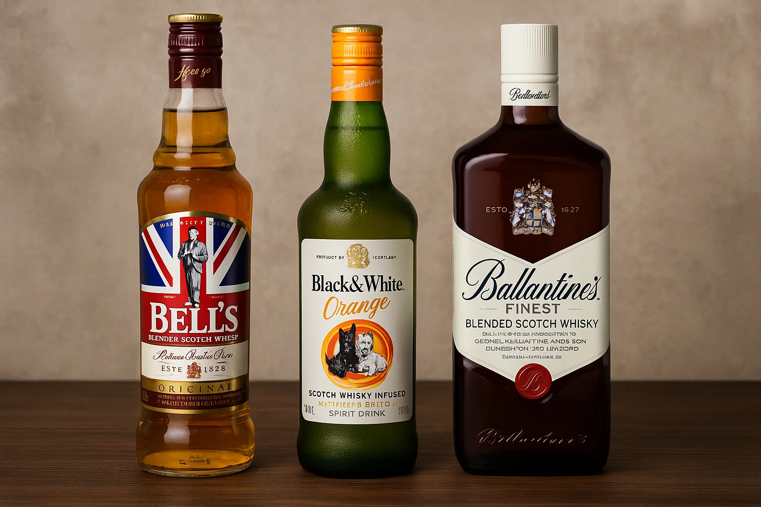 Bell's, Orange Black & White e Ballantine's Finest, representando os melhores whiskys até 50 reais